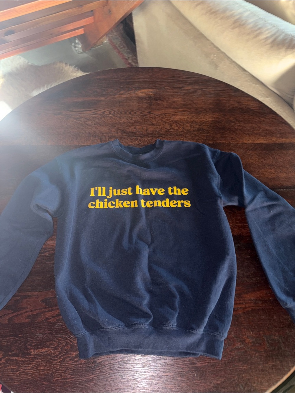 Kids Navy Sweatshirt with Yellow 'I'll Just Have the Chicken Tenders' Graphic